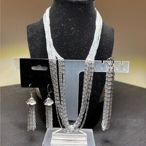 Elegant Silver Multi-Layer Necklace, Earrings, Bracelet Set